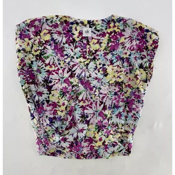CAbi Women’s Eden Colorful Faux Wrap Floral Cap Sleeve Chiffon Blouse Sz Sm Boho - Picture 3 of 11